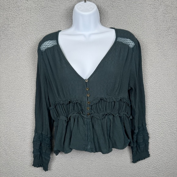 American Eagle Outfitters Tops - American Eagle Top Womens M Dark Green Peplum Blouse Babydoll Preppy Lace